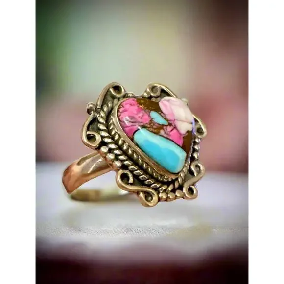 Cotton Candy Turquoise | Heart Shaped Ring | Size 5-10 Adjustable - Picture 2 of 5